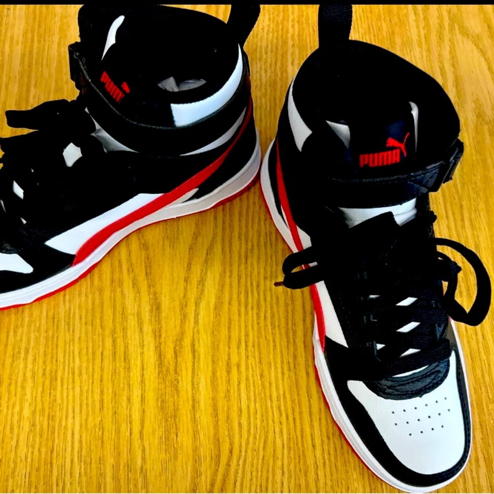 Puma RBD Jr. High Top Sneakers. Red, Black,& White. Ankle Strap&Lace Up. Sz 4.5